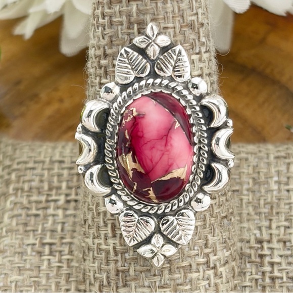 Rose Red Dahlia Turquoise Navajo Style Ring Size 9 Pure Sterling Silver 925 New - Picture 3 of 12